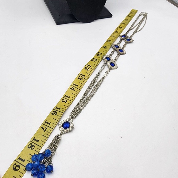 Vintage 1970s Blue Bezel Set Stations Tassel Necklace Hippie 32" Multi Chain - Picture 7 of 7